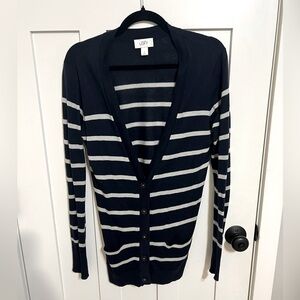 Ann Taylor Loft Navy Blue White Striped Button up Cardigan V-Neck Wool Blend M